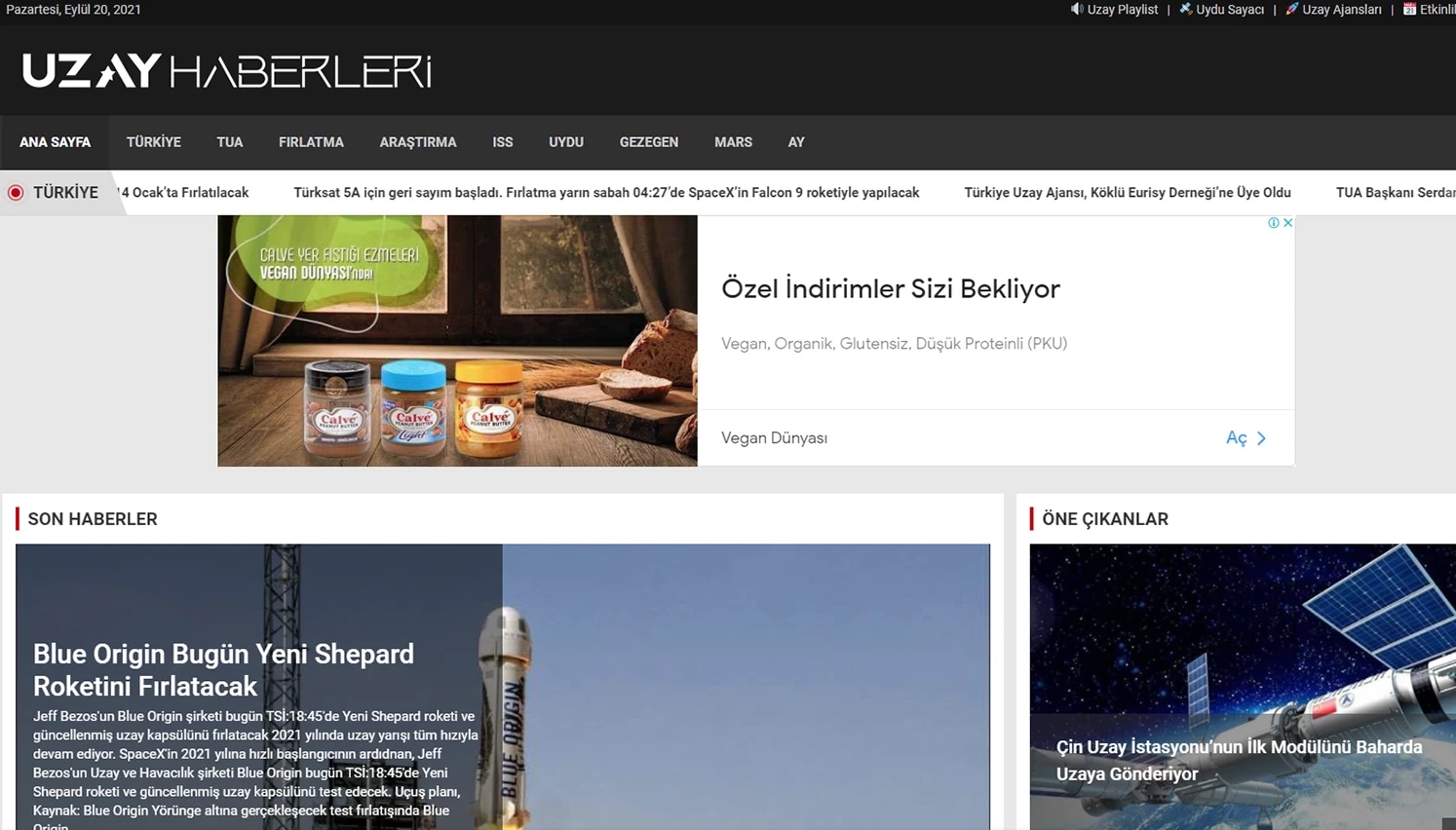 The Uzay Haberleri news platform on desktop
