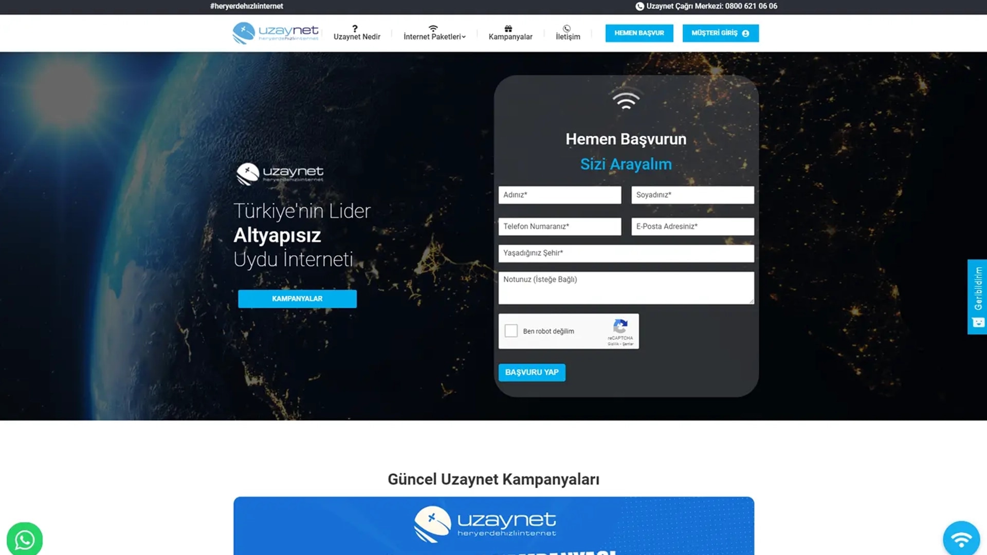 The Uzaynet satellite-internet lead site on desktop